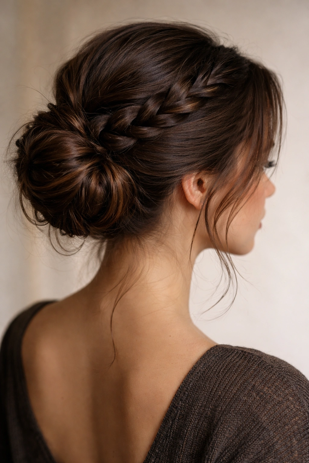 Close-up of a braided wrap bun on thick hair featuring a visible side braid