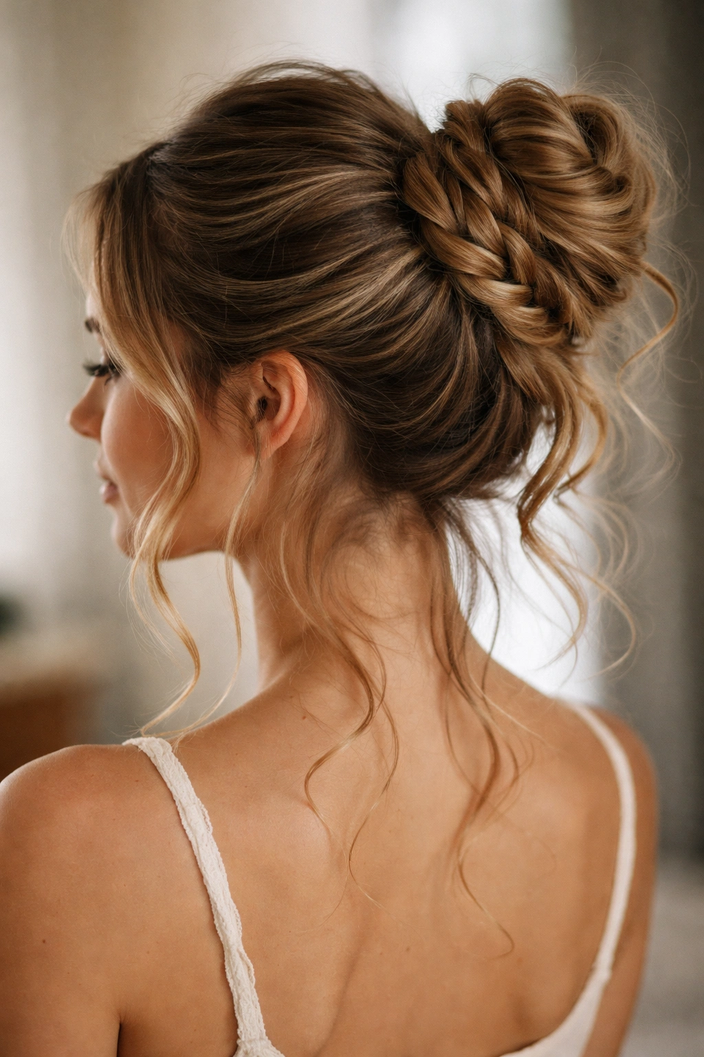Braided wrap bun with loose pancake braid and visible waves