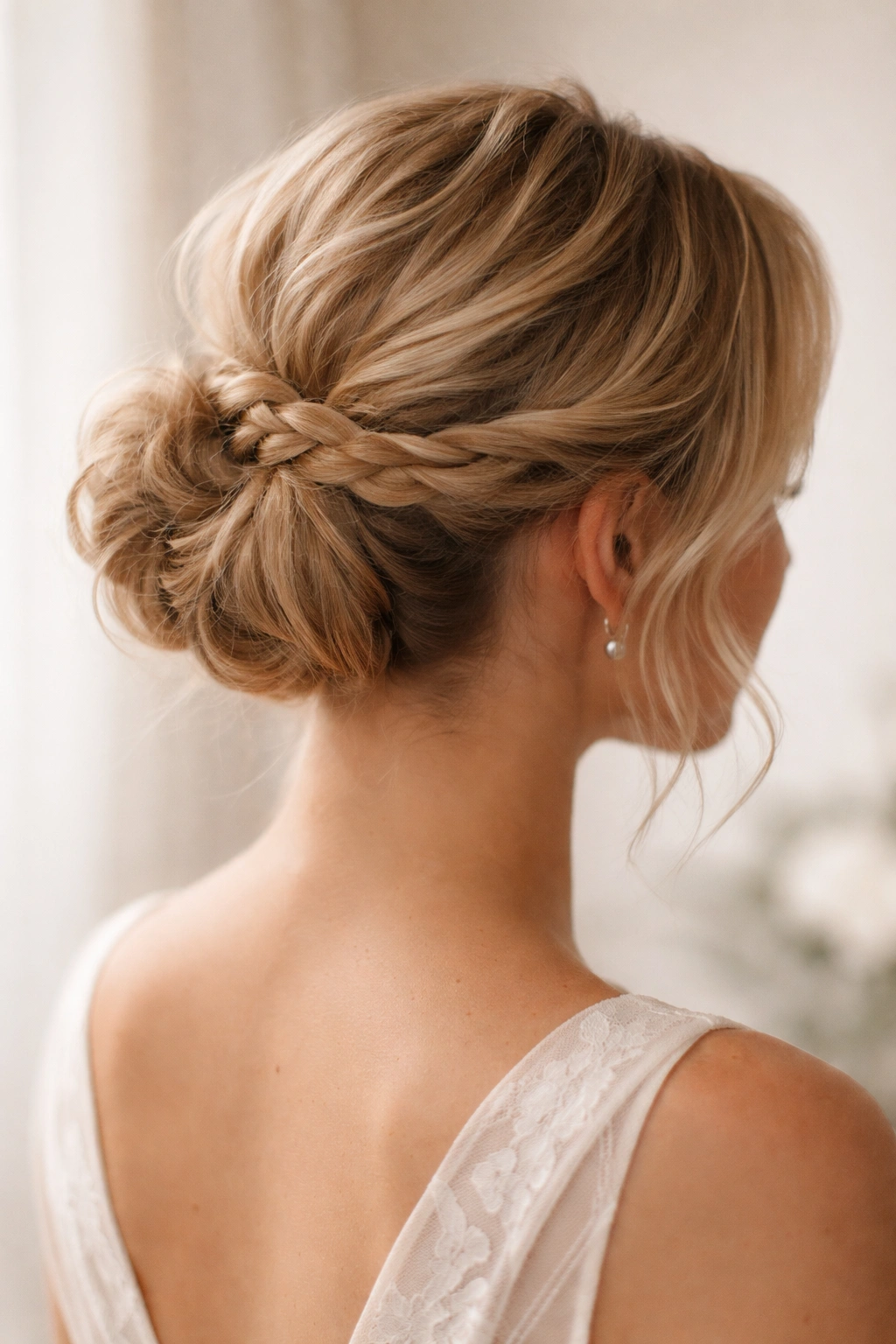 Side/back view of a braided wrap bun with a small braid circling the bun base