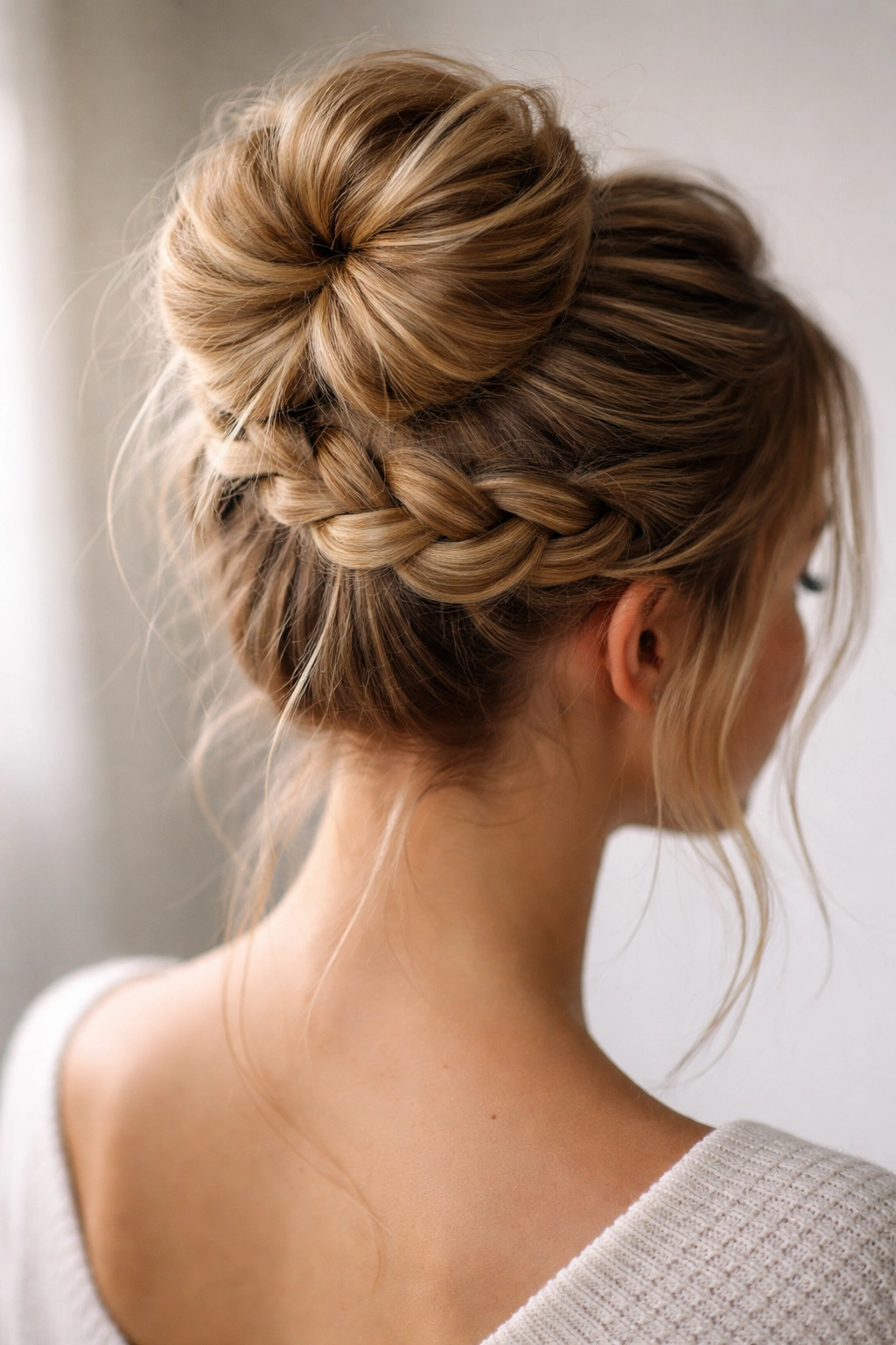 Braided wrap messy bun with loose ends and textured braid around base