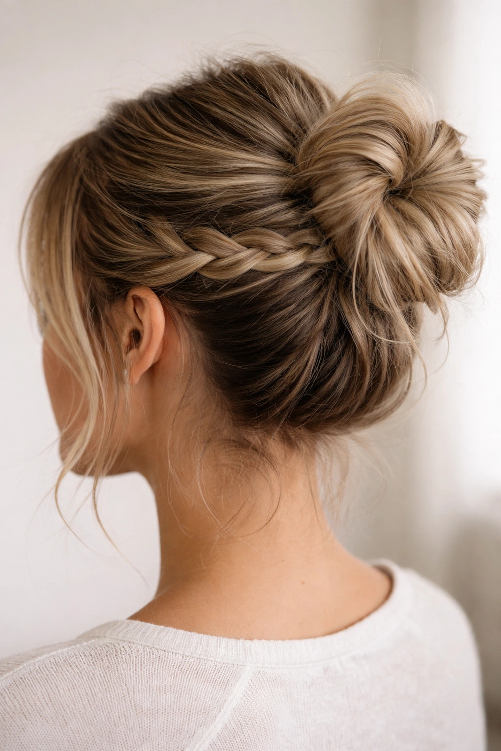 Close-up view of a braided wrap messy bun on short hair with neutral studio backdrop