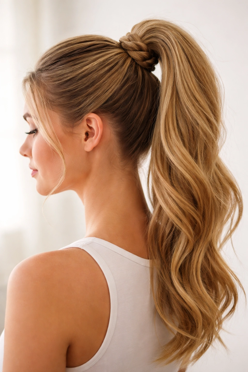 High ponytail with braid wrapped around base