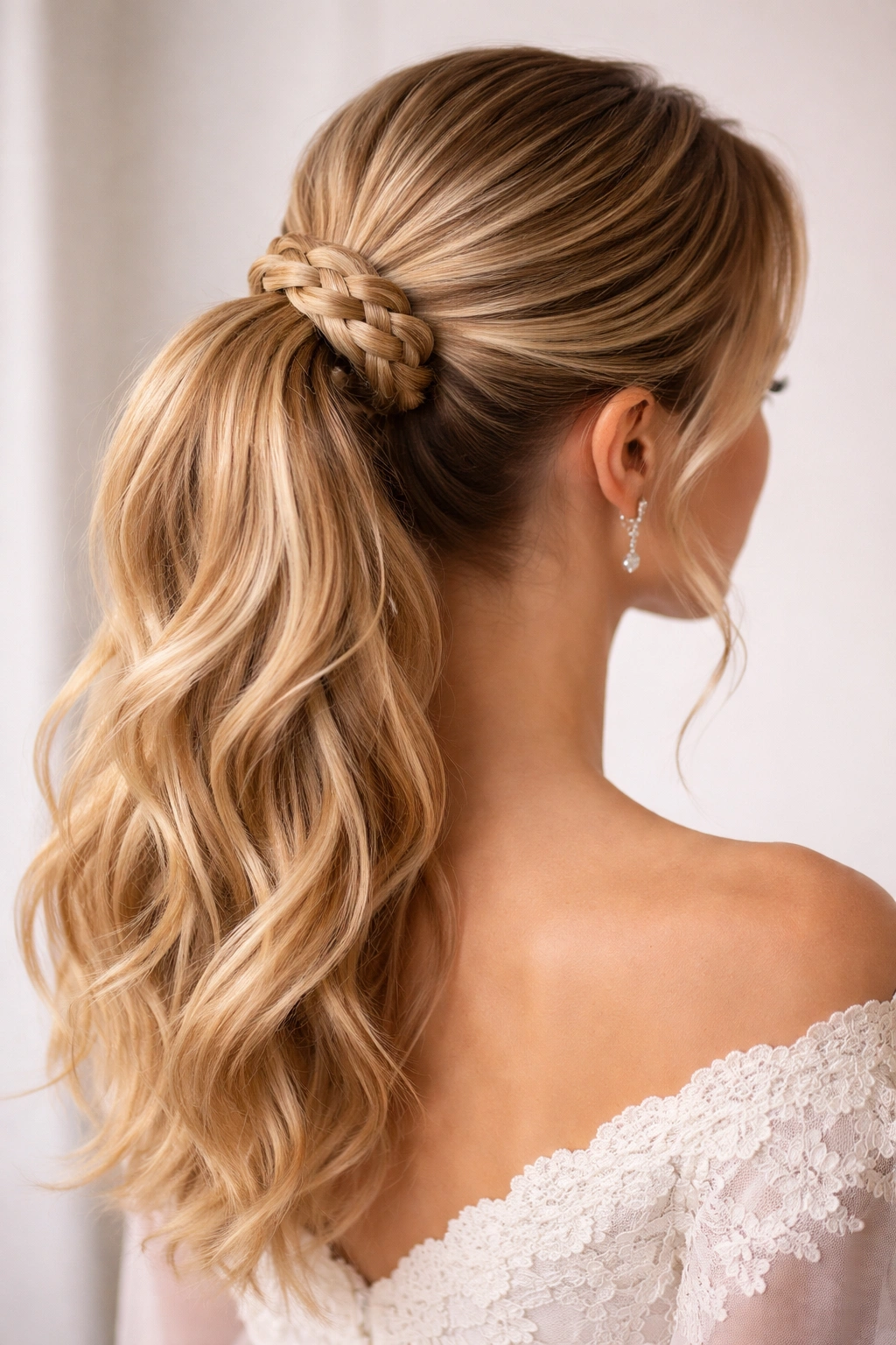 Mid-height ponytail with a braid wrapped around the base
