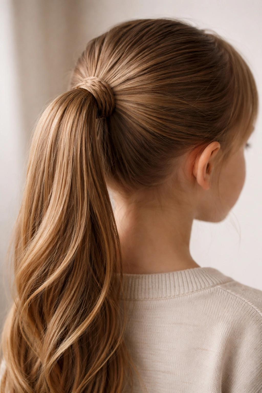 Ponytail with a thin braid wrapped around the base hiding the elastic