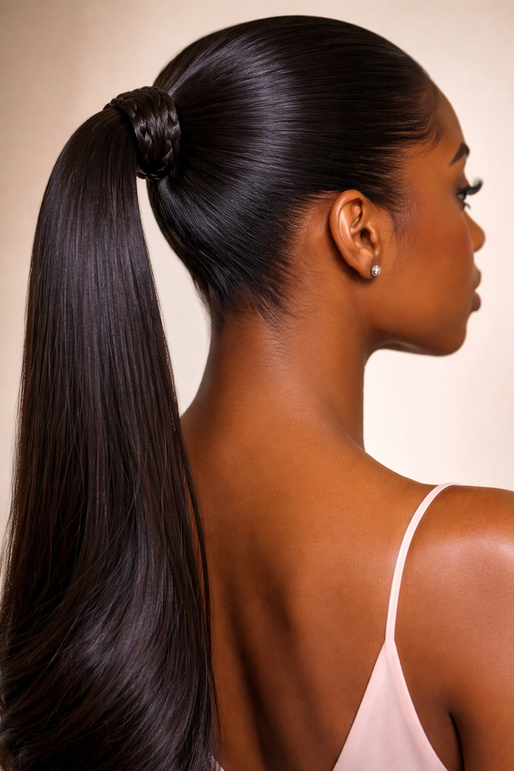 Sleek ponytail with a wrap-around braid around the elastic base