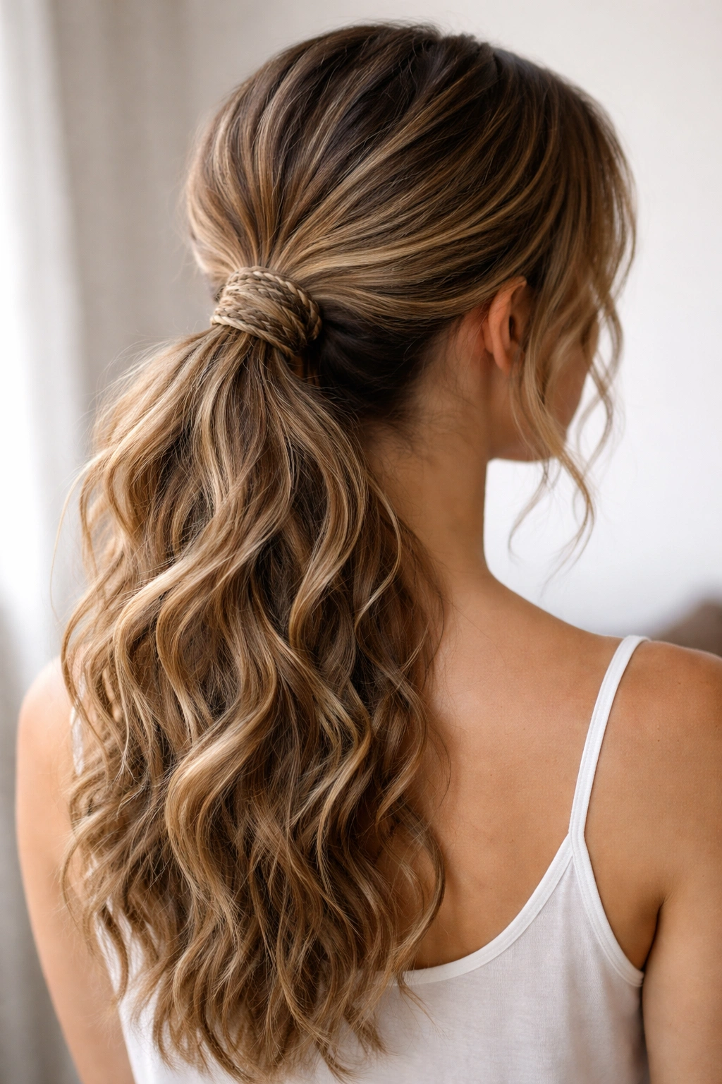 Low ponytail with a thin wrap braid around the base hiding the elastic