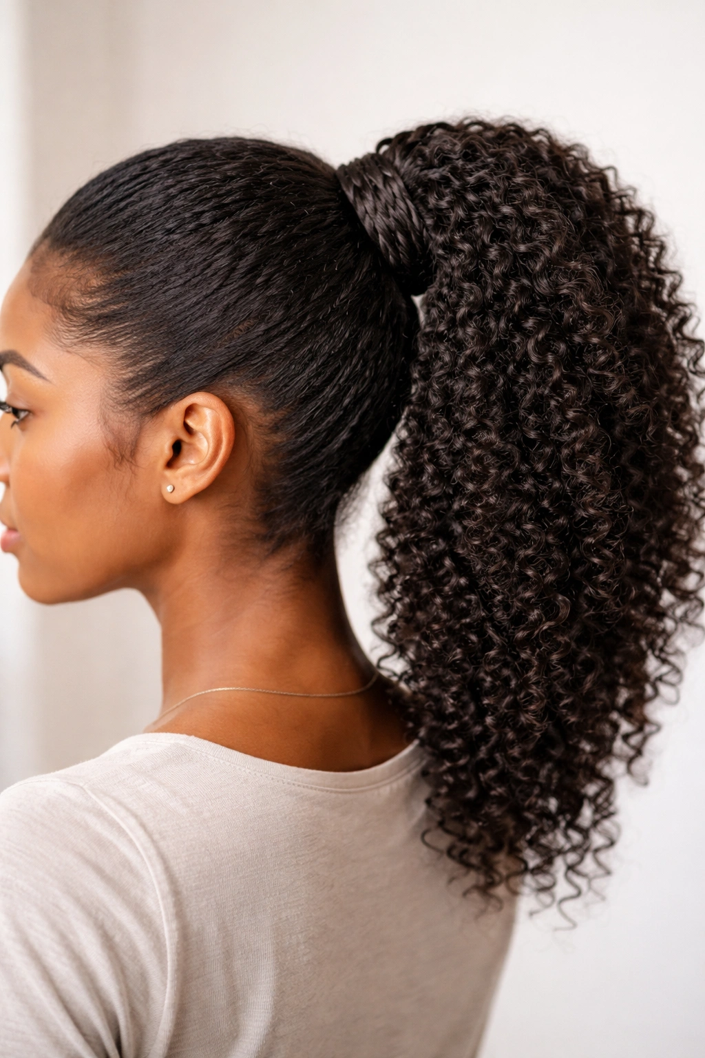 Side view of a ponytail with a wrap braid around the base