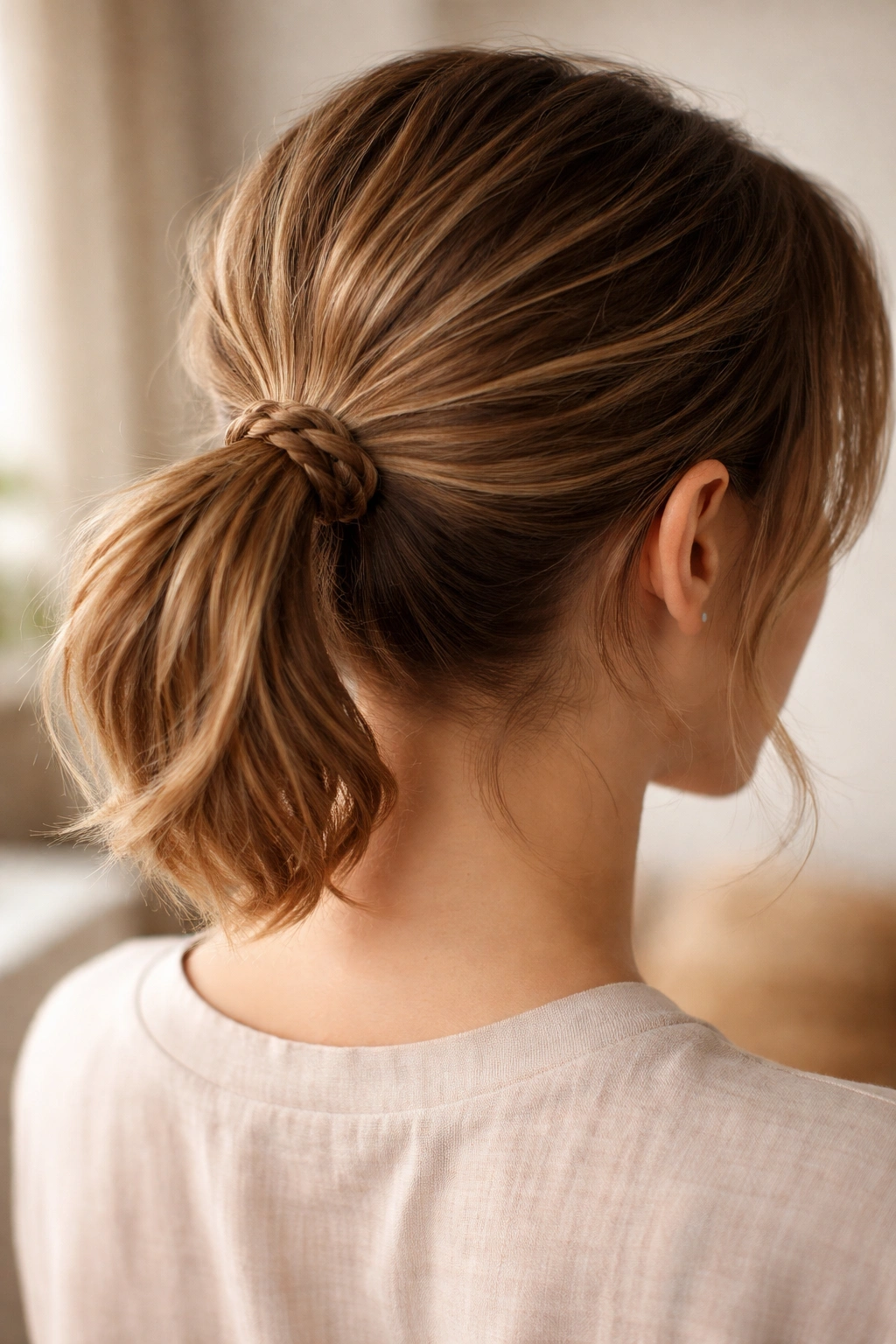 Back view close-up of braided wrap ponytail on short hair with braid around elastic