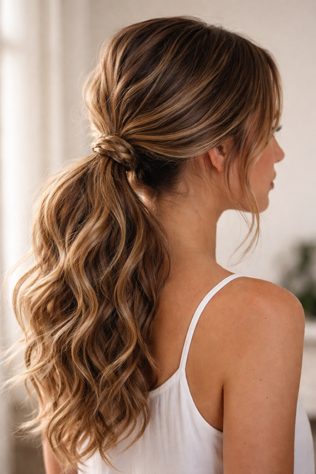 Low ponytail with braided wrap around base showing textured waves