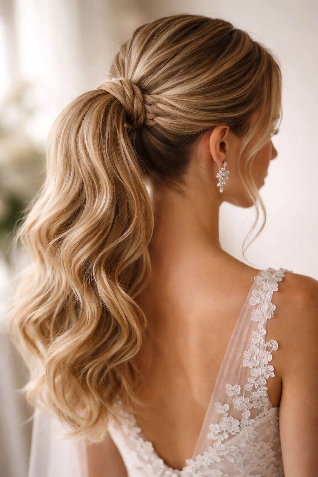 Back view of a romantic braided wrap ponytail with a wrapped braid around the base