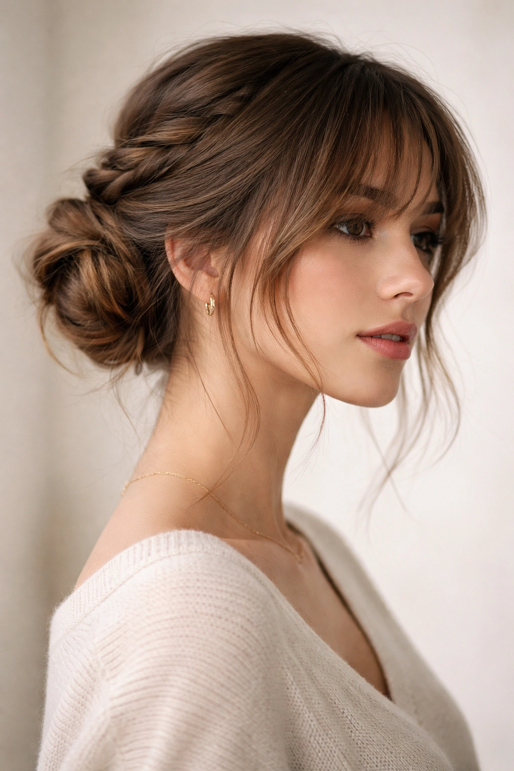 Braided low bun with layered bangs framing the face