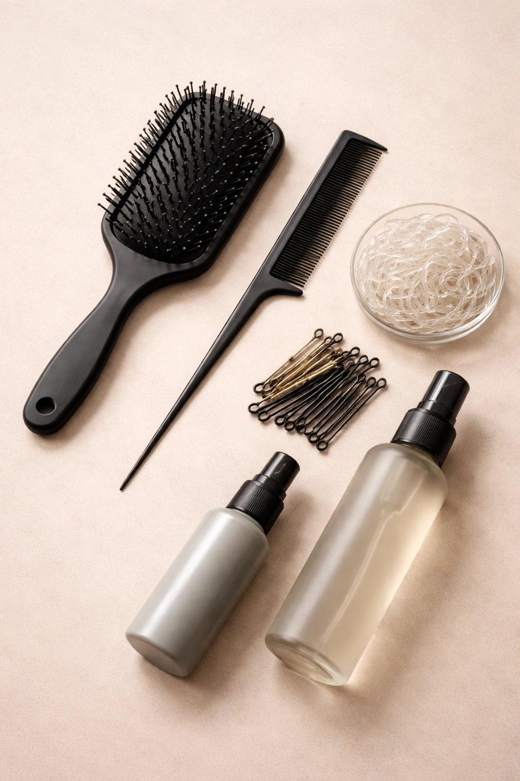 Flat lay of hair braiding tools including paddle brush, fine comb, clear elastics, bobby pins, and unlabeled spray bottles.