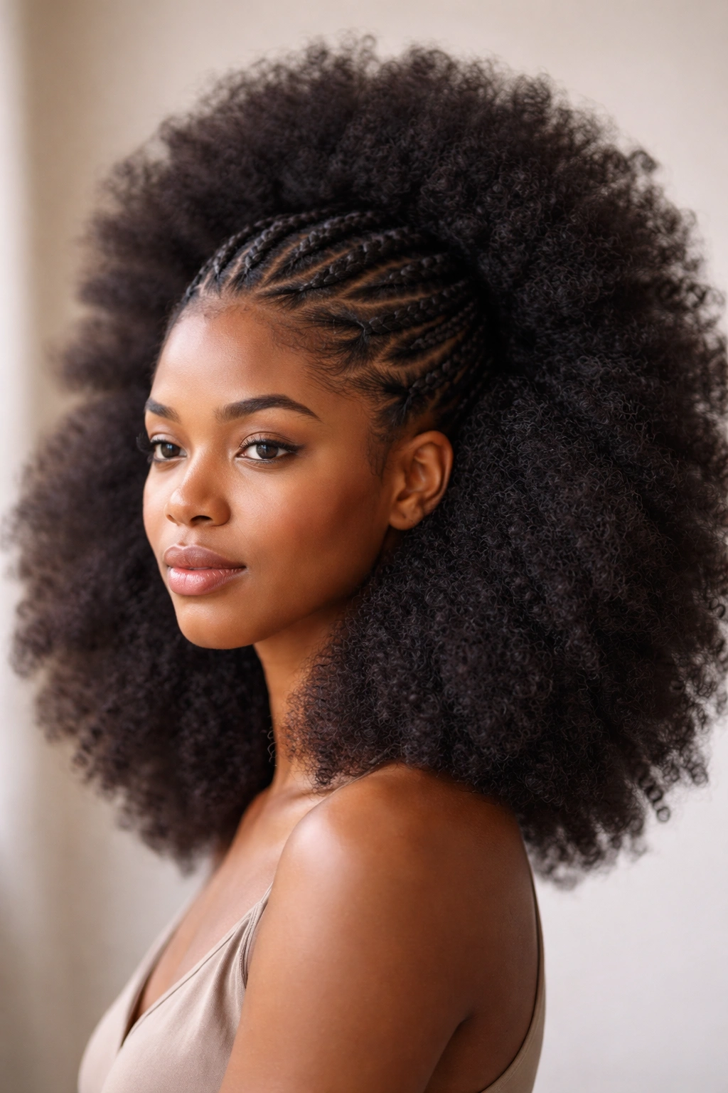 Braids crown above a picked-out voluminous afro below