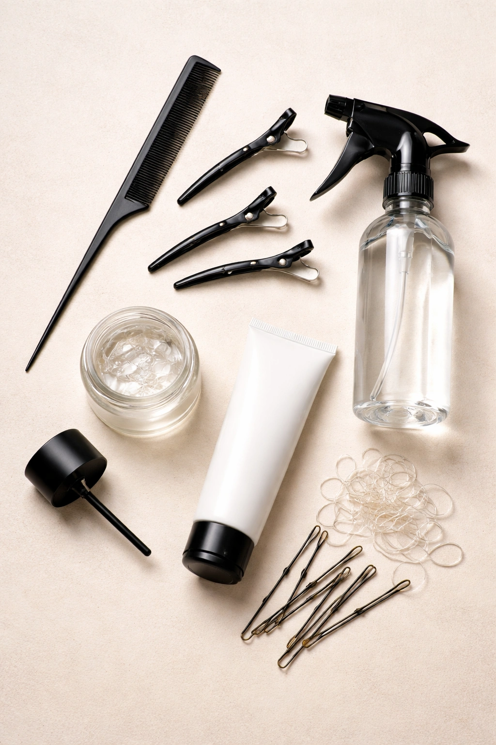 Flat lay of unlabeled braid styling tools including comb, clips, spray bottle, serum, anti-frizz cream, pins and elastics