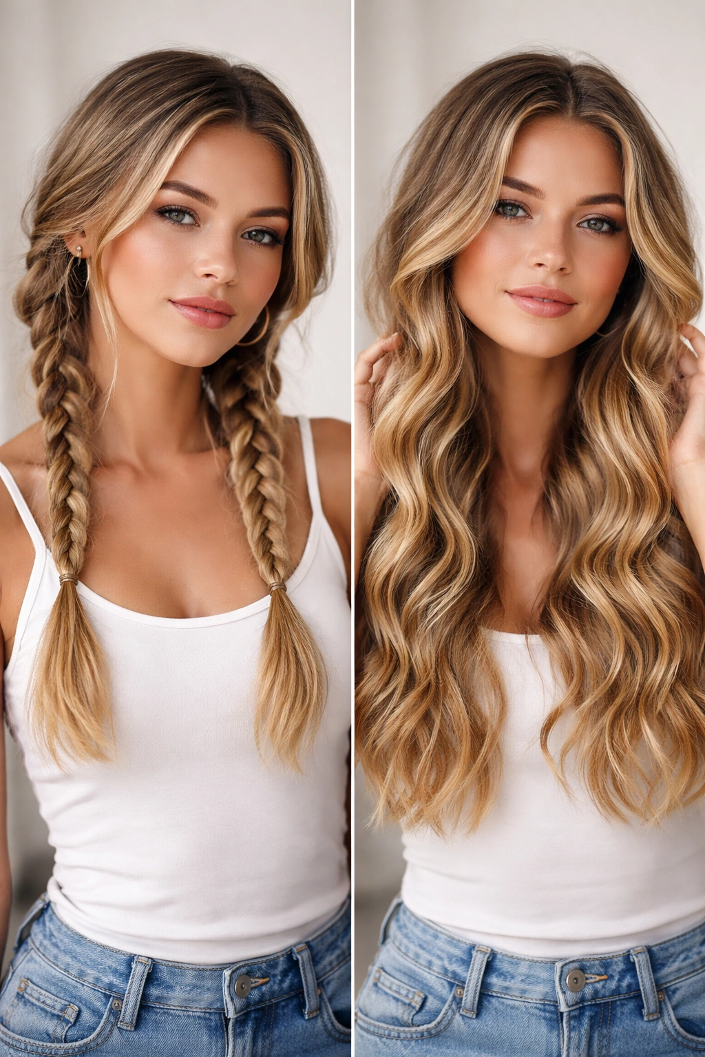 Loose braids in hair yielding soft waves after unraveling