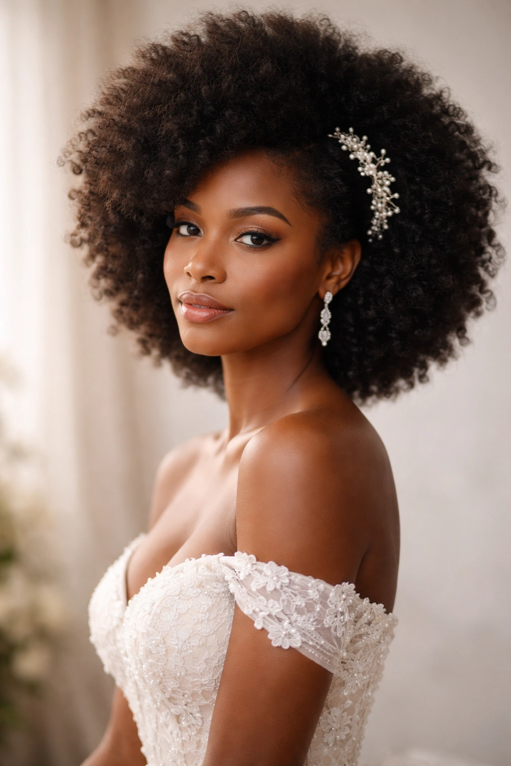 Bride with voluminous natural Afro hairstyle lit softly, bridal portrait