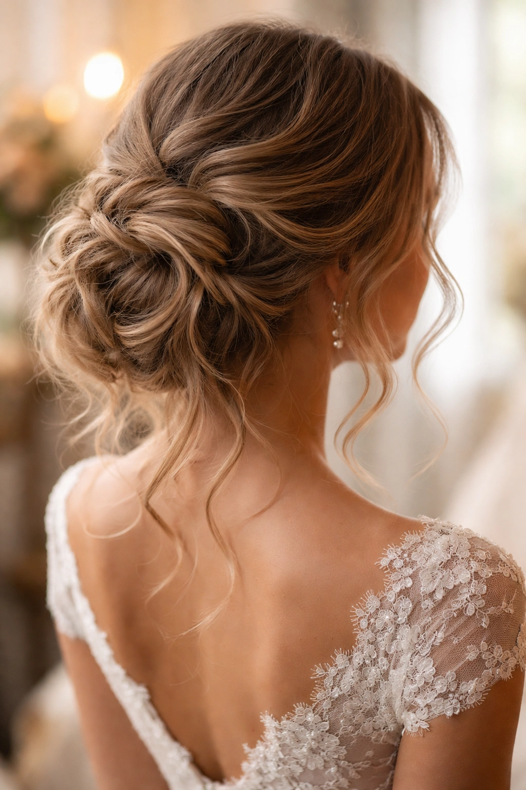 Close-up of a romantic cascading messy bun with face-framing tendrils
