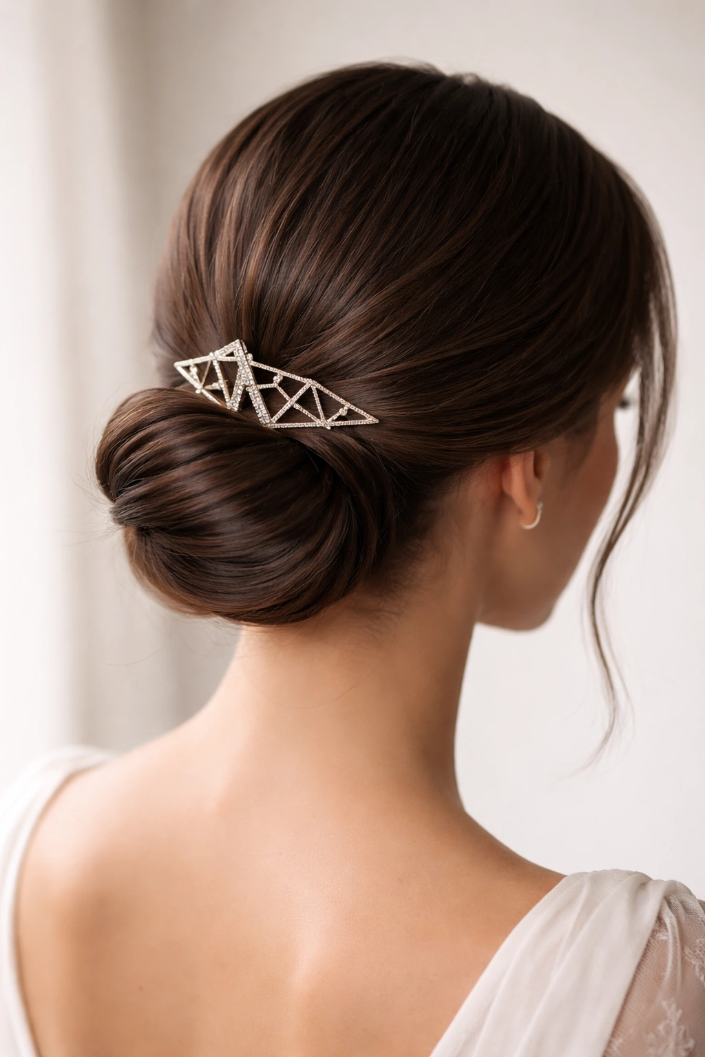 Sleek low bun with geometric accessory