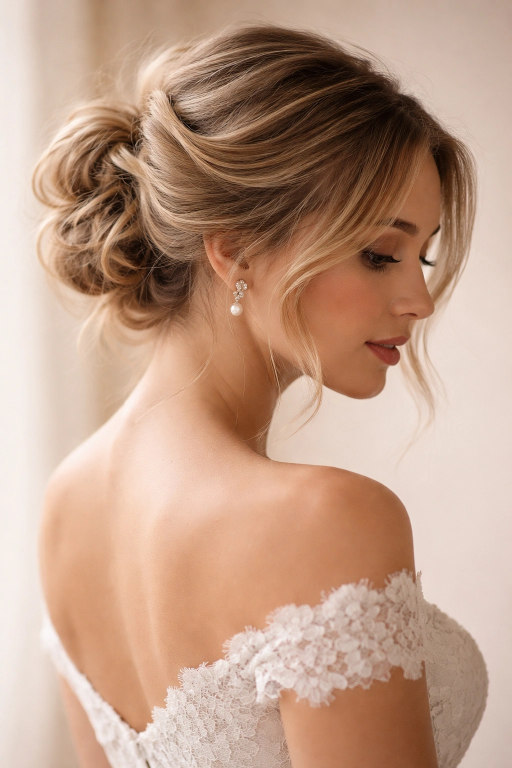 Close-up of a bridal messy bun with wisps in soft studio lighting and a neutral backdrop