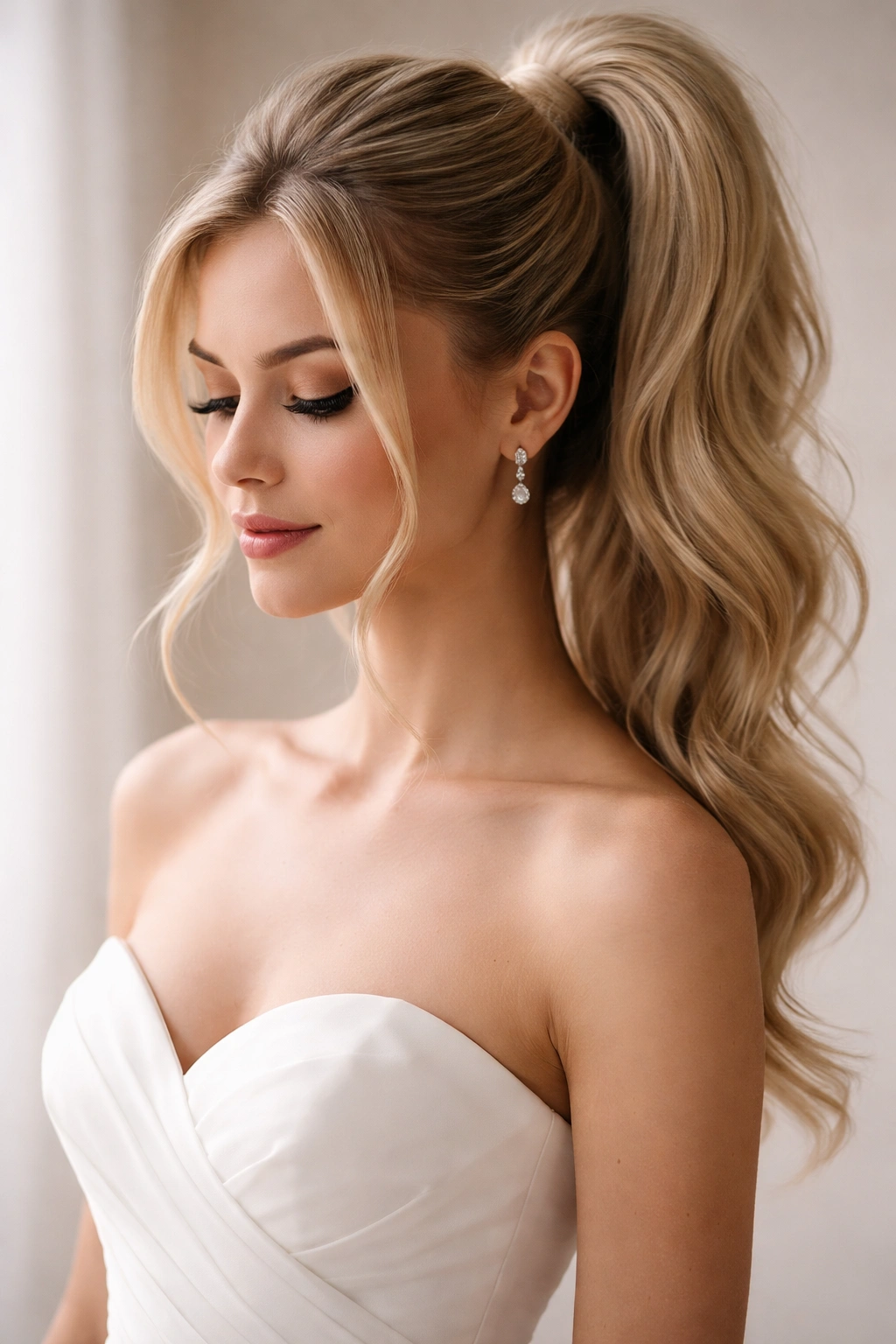 Close-up of a bridal high ponytail with face-framing layers