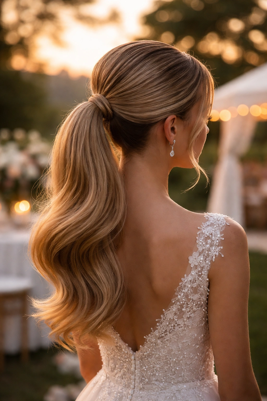 Close-up of a polished bridal ponytail with a clean, elegant finish for wedding photography