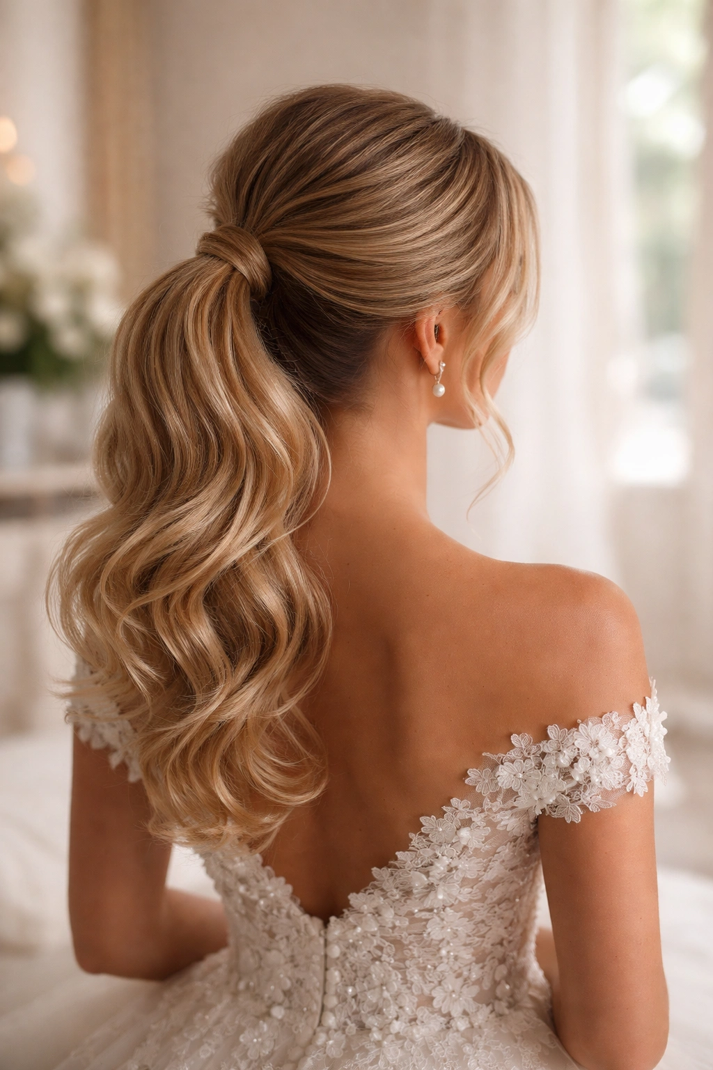 Bride seen from behind with an elegant updo ponytail in a softly lit bridal suite