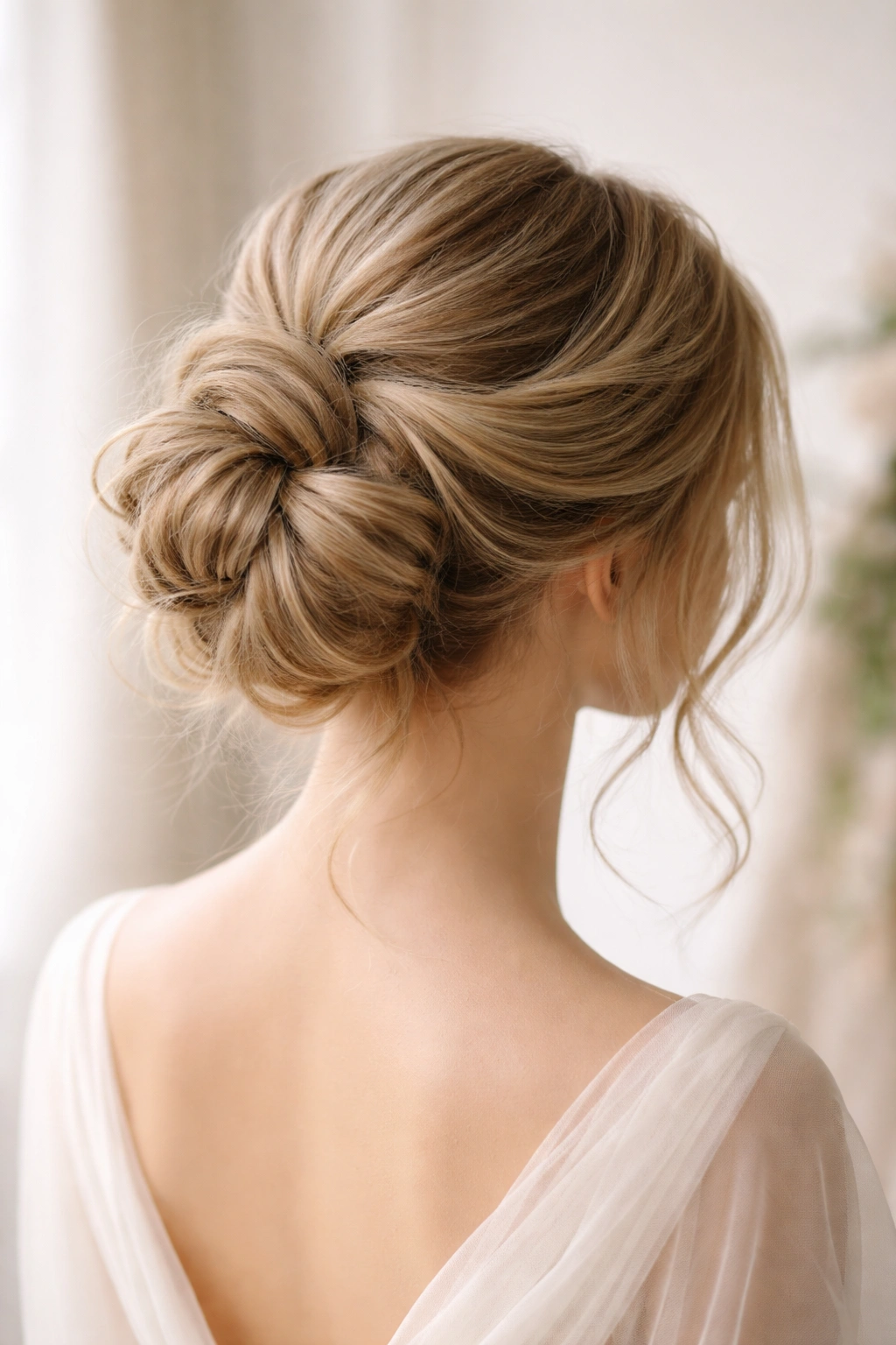 Single polished bridal bun on mannequin head, wrapped and woven style