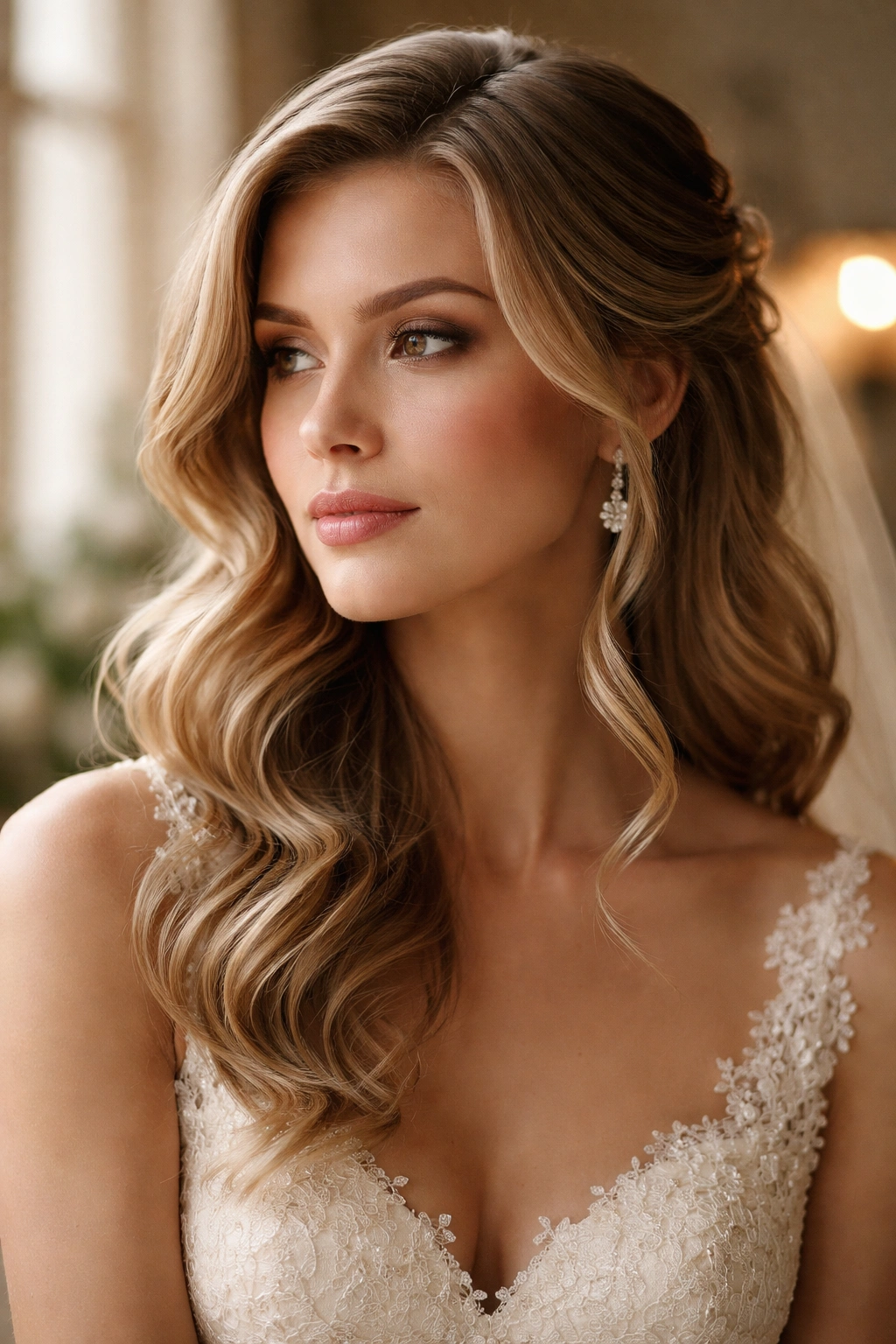 Close-up of a bride with a soft wavy hairstyle and thoughtful expression under warm natural light