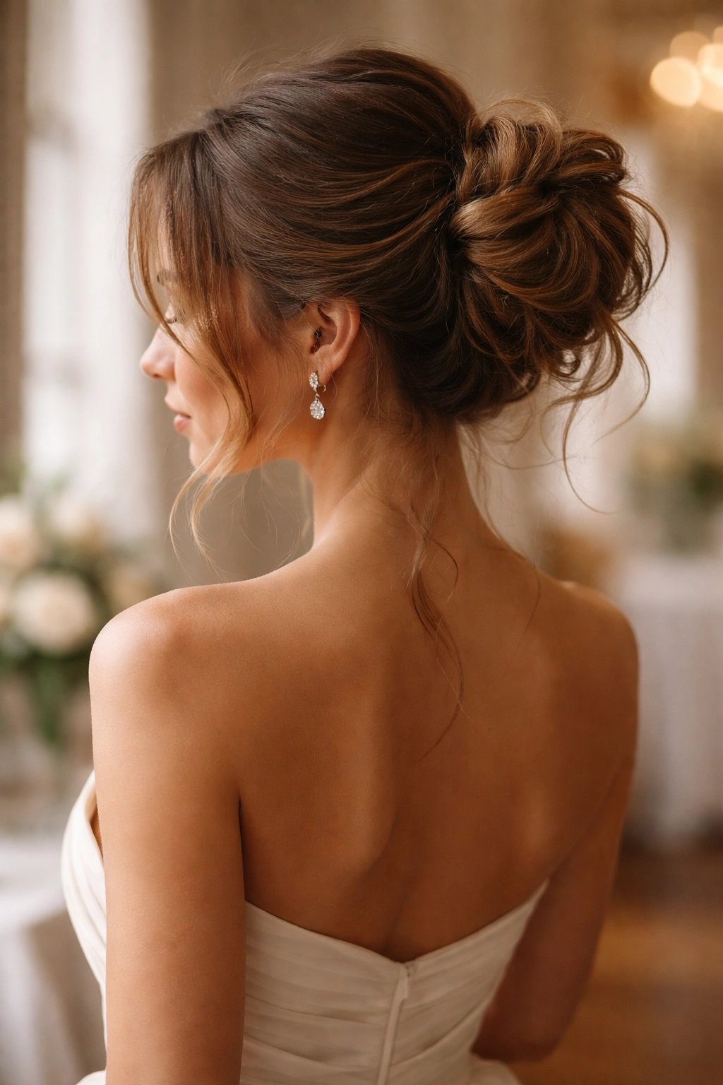 Bridesmaid with textured messy bun in strapless dress, soft lighting