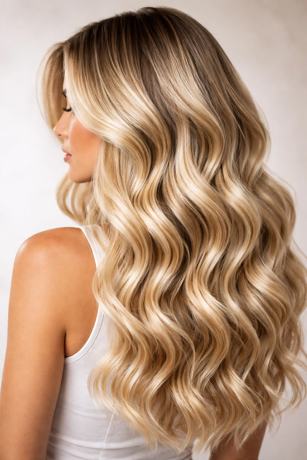 Bright blonde balayage with thick defined waves on dark-rooted hair