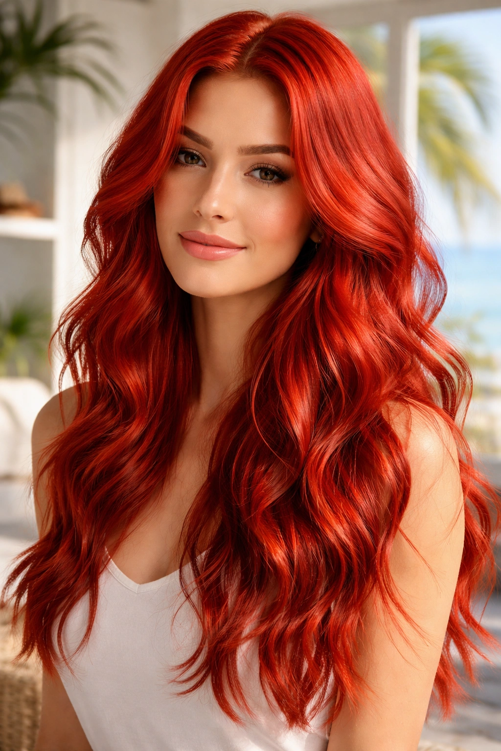 Close-up of soft, bright red loose beach waves catching light.