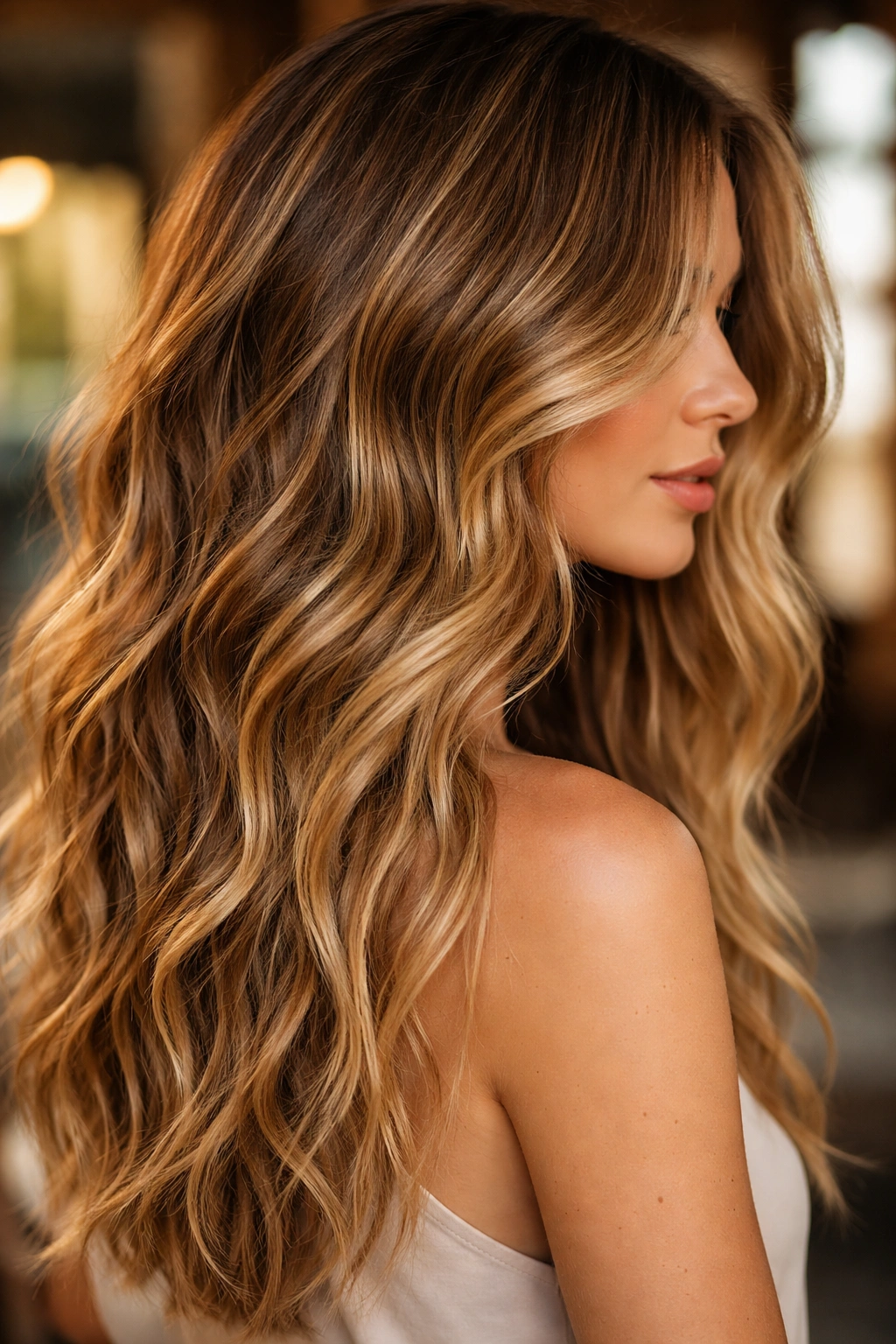 Loose waves with bronde balayage in warm brown-blonde tones.