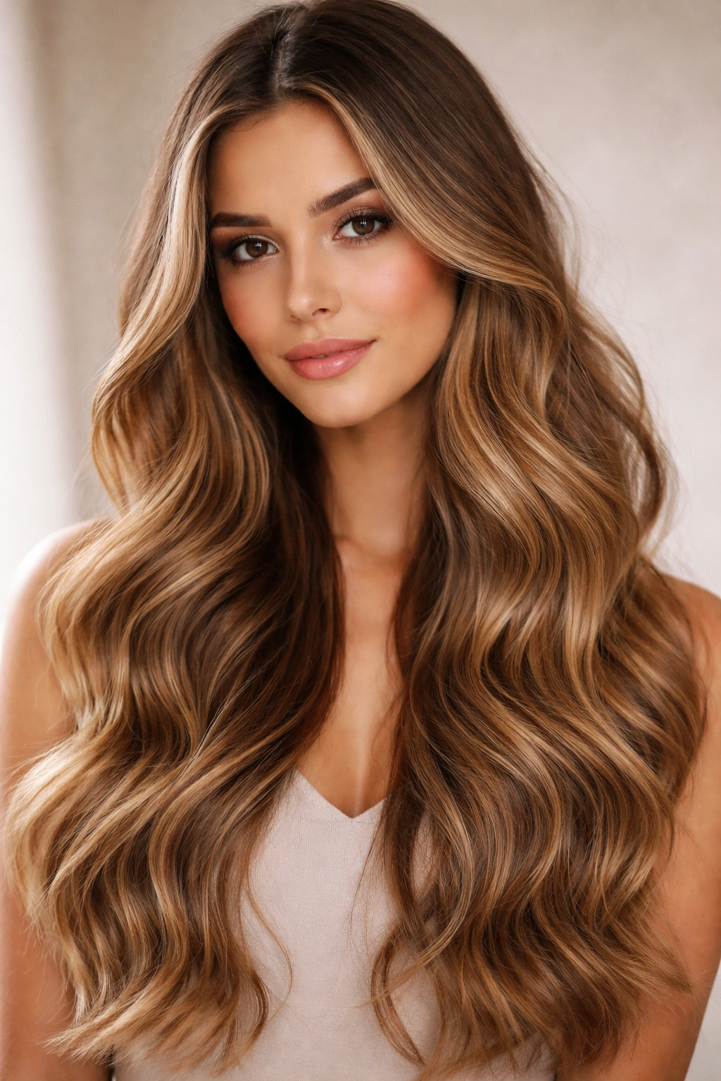 Long bronde waves blending brunette and blonde tones with seamless transition.