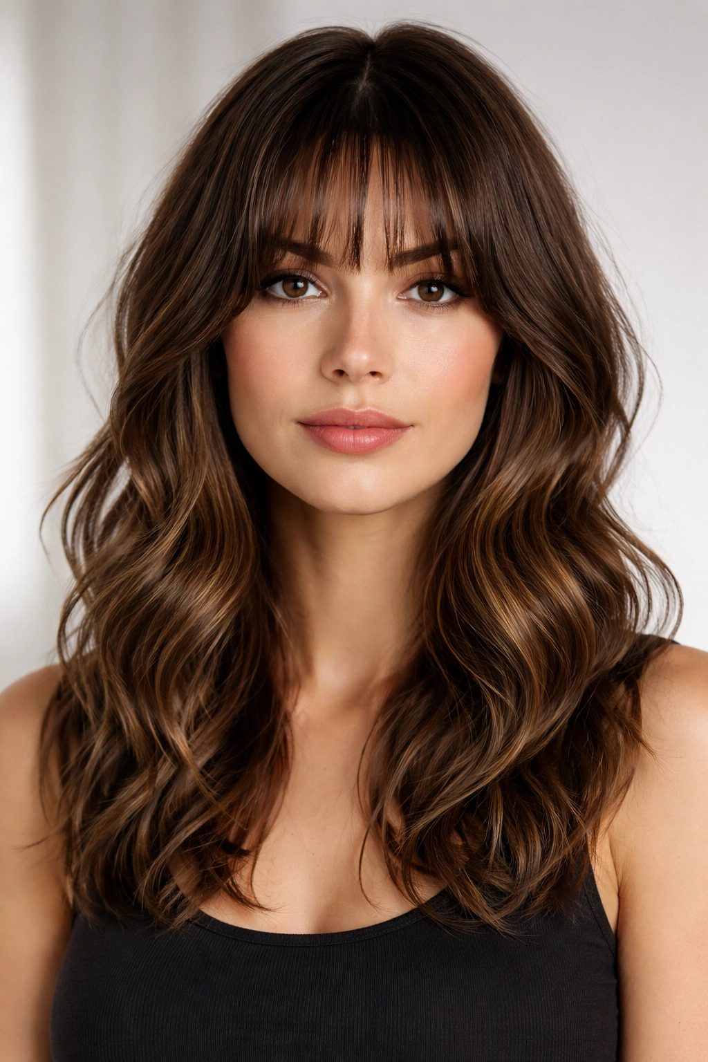 Close-up of brow-grazing curtain bangs with shoulder-length wavy hair