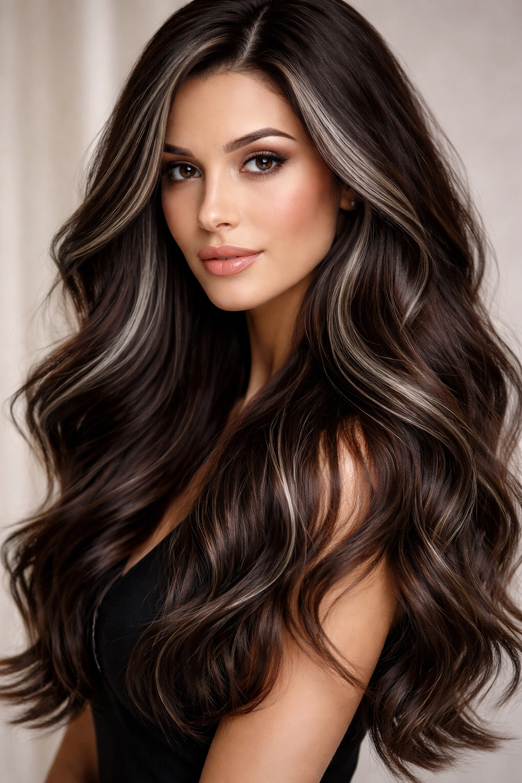 Dark brown hair with subtle silver accents in soft waves.