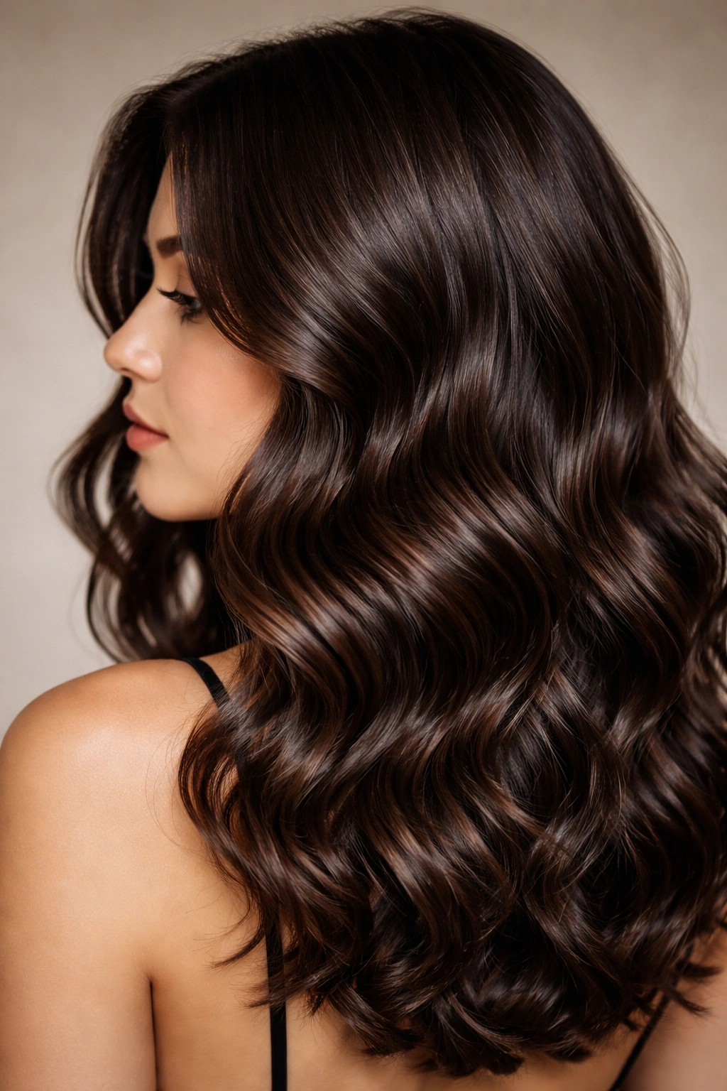 Close-up of chocolate brown hair showing depth and wave texture