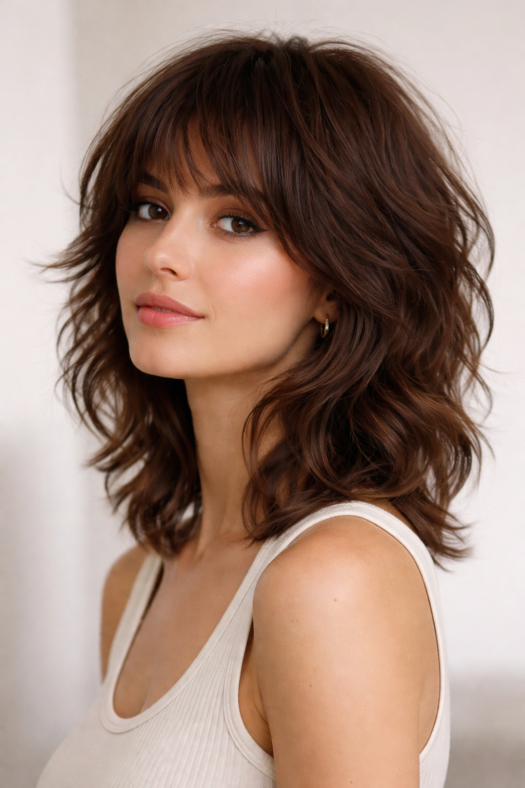 Classic brown shag with textured waves and layered crown for movement.