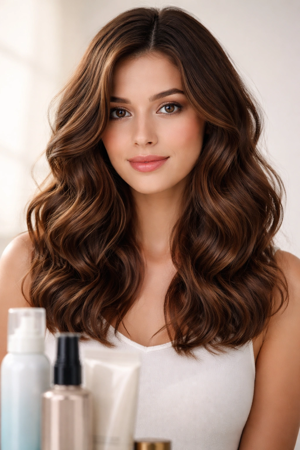 Close-up of glossy brown wavy hair with defined texture