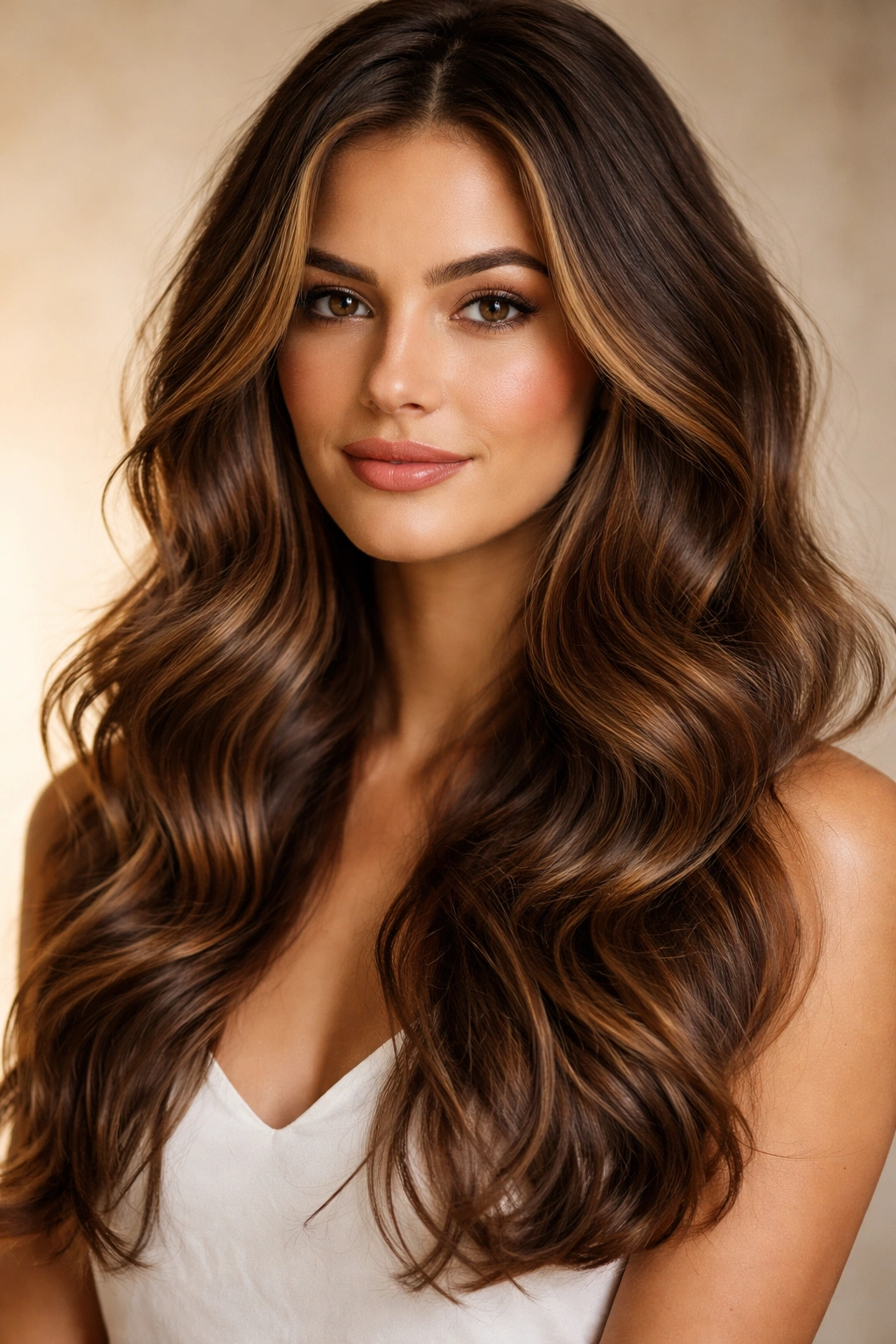 Brunette base with warm highlights and soft waves