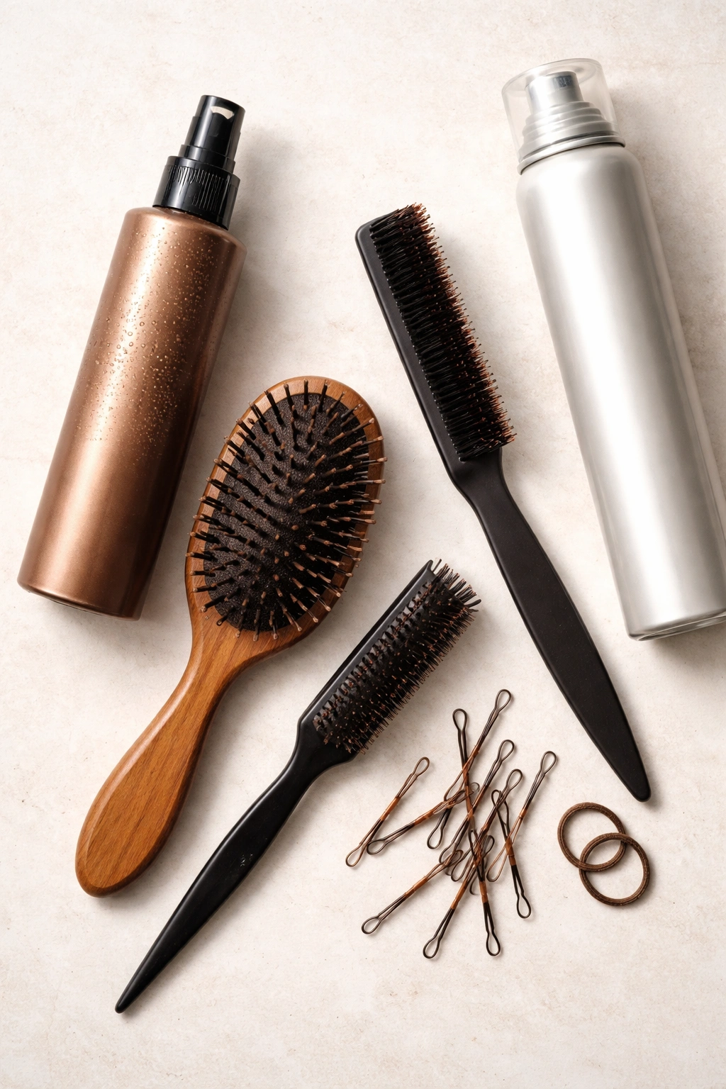 Flat lay of brunette styling products: spray bottle, teasing brush, pins, hairspray