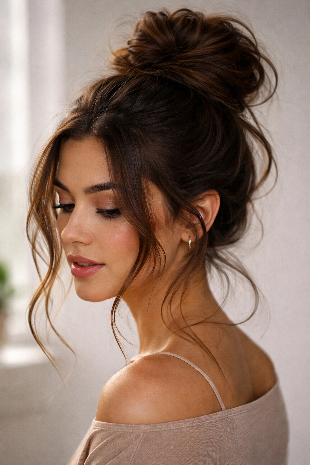 Brunette crown bun with loose face-framing strands
