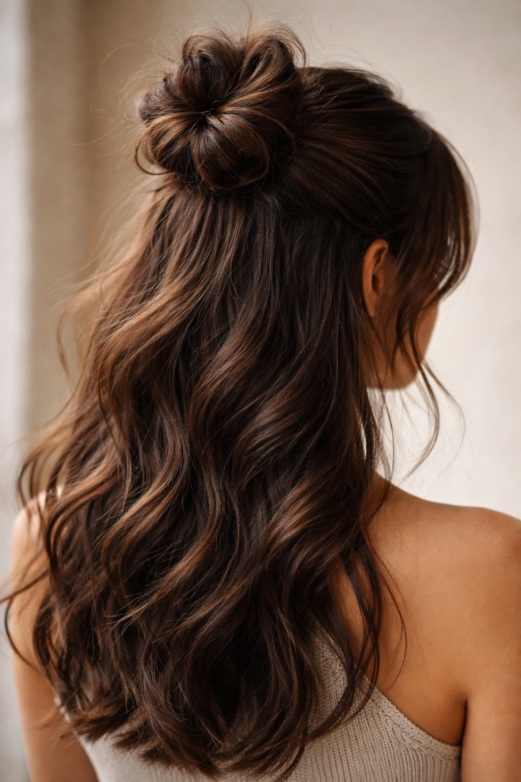Half-up bun on brunette hair showing texture and flow