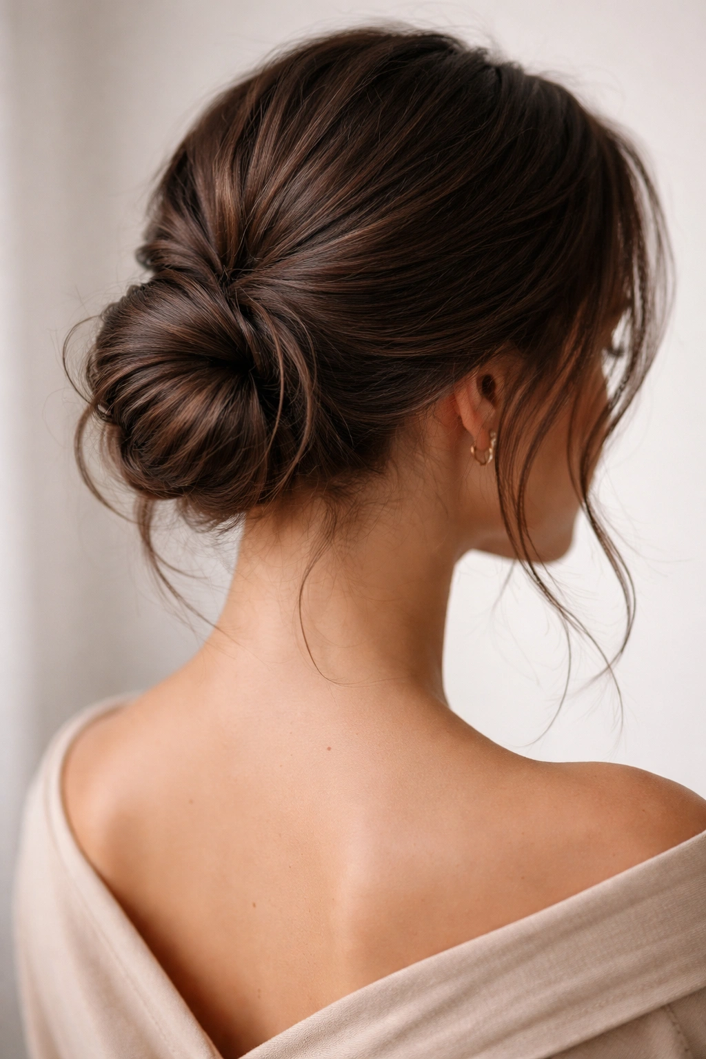 Low romantic bun at the nape highlighting brunette tones