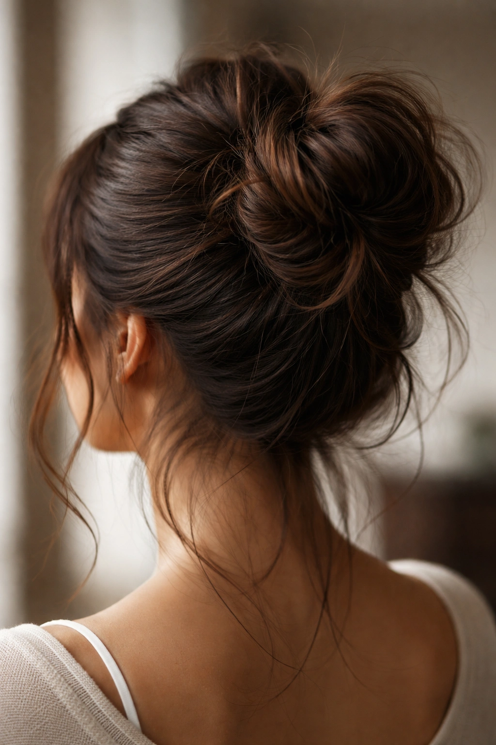 Brunette hair with a textured, glossy messy bun showing depth