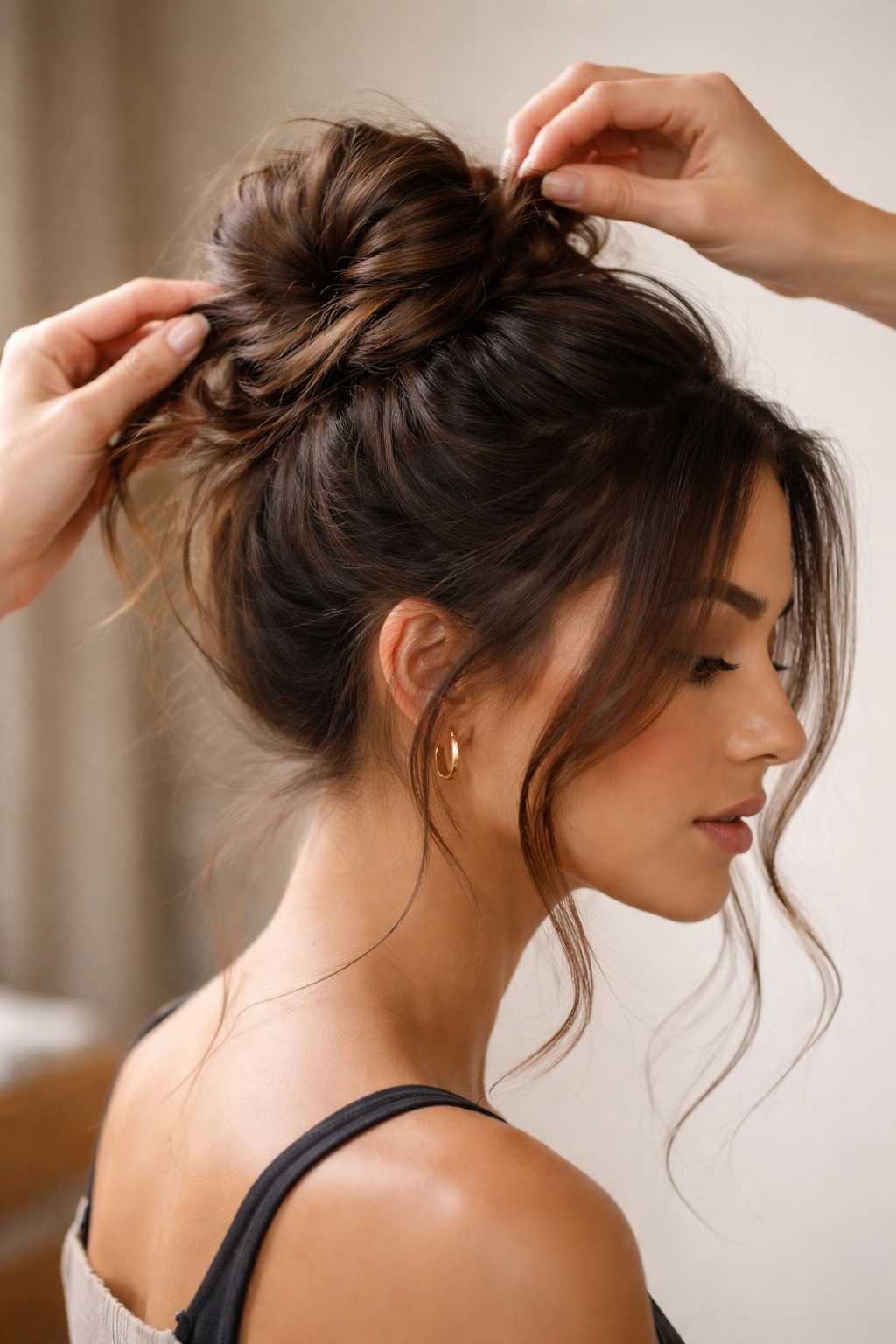 Structured messy bun on brunette hair with visible texture
