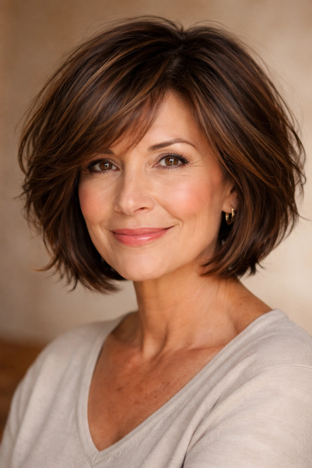 Close-up of brunette with textured layered bob and subtle highlights