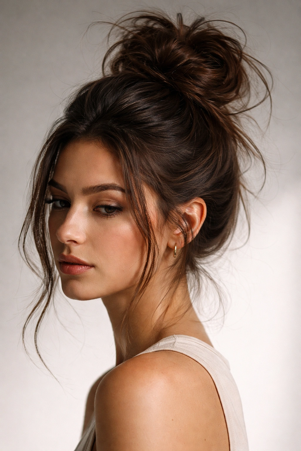 Undone top knot on brunette hair with loose strands