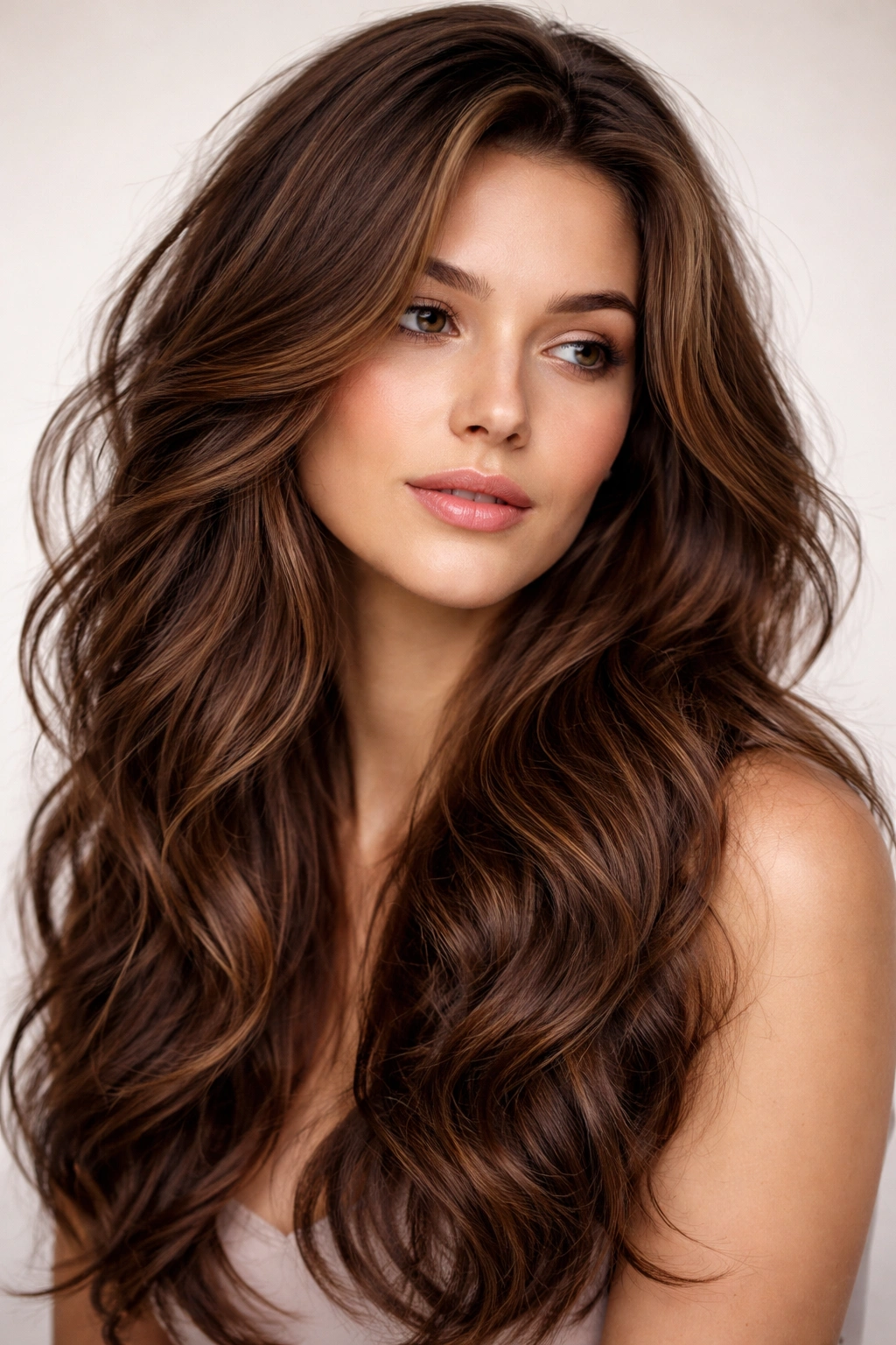 Brunette hair with tousled, dimensional waves and rich color