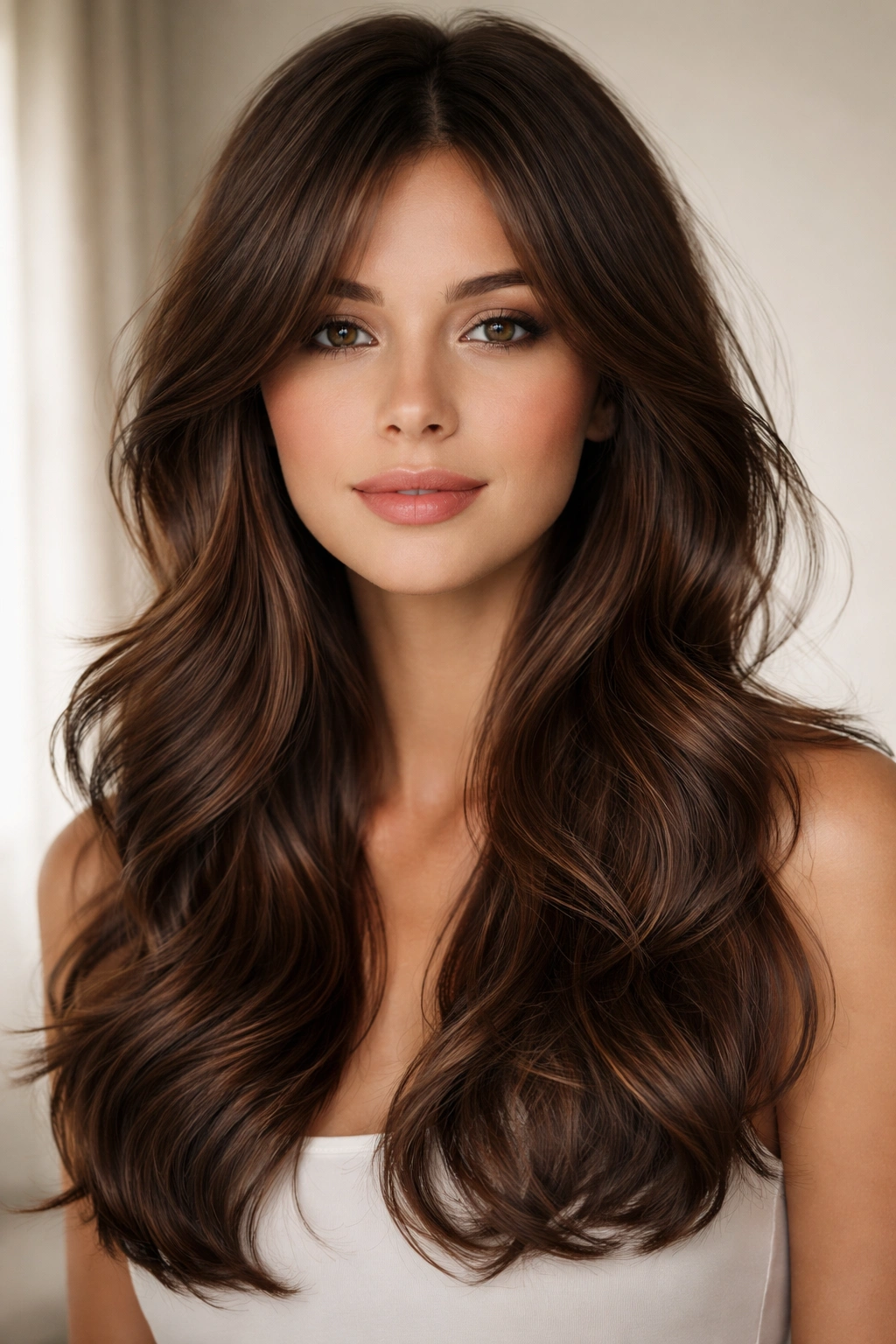 Brunette waves with wispy layers framing the face