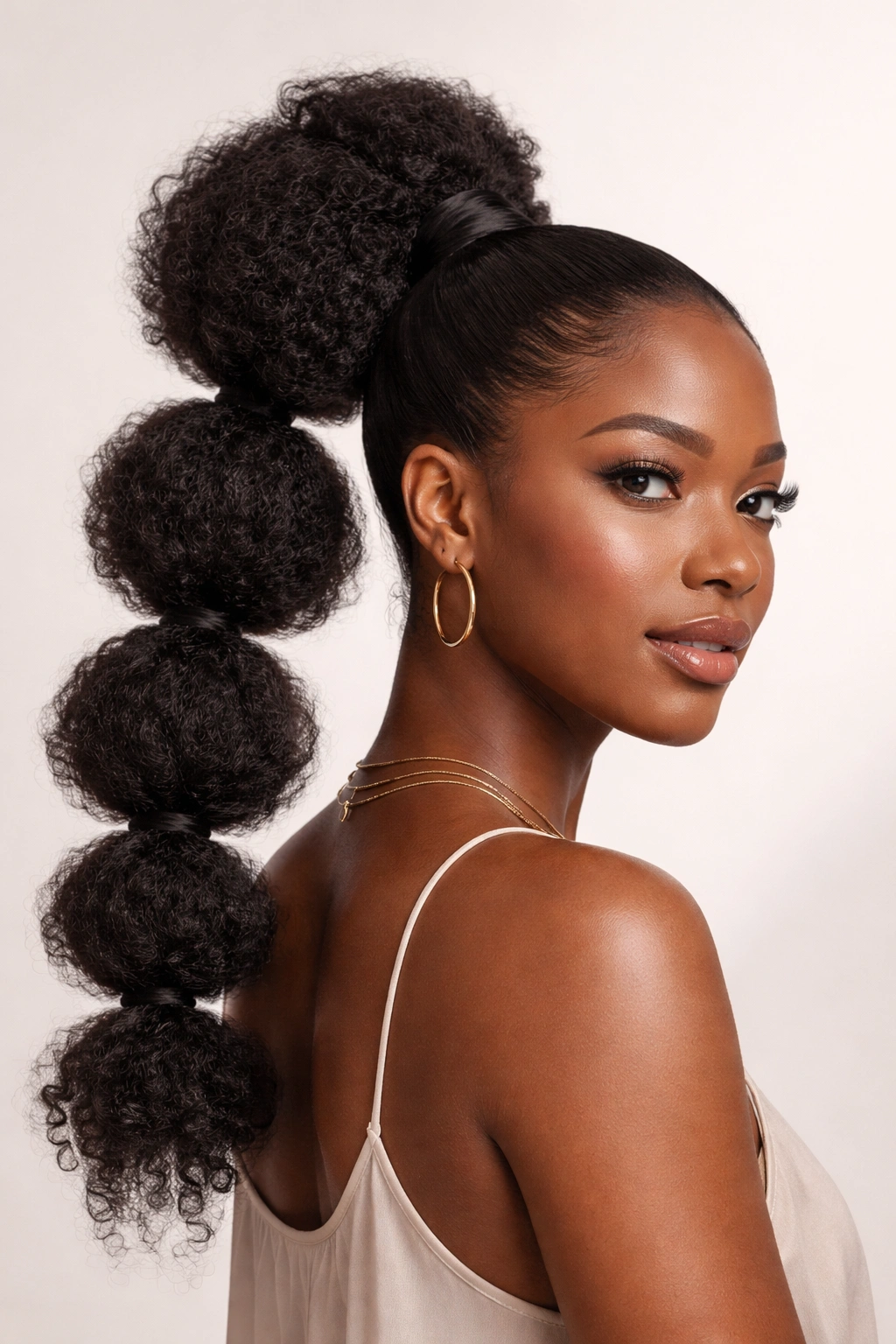 Close-up of a Black woman's bubble Afro pony with stacked bubble sections